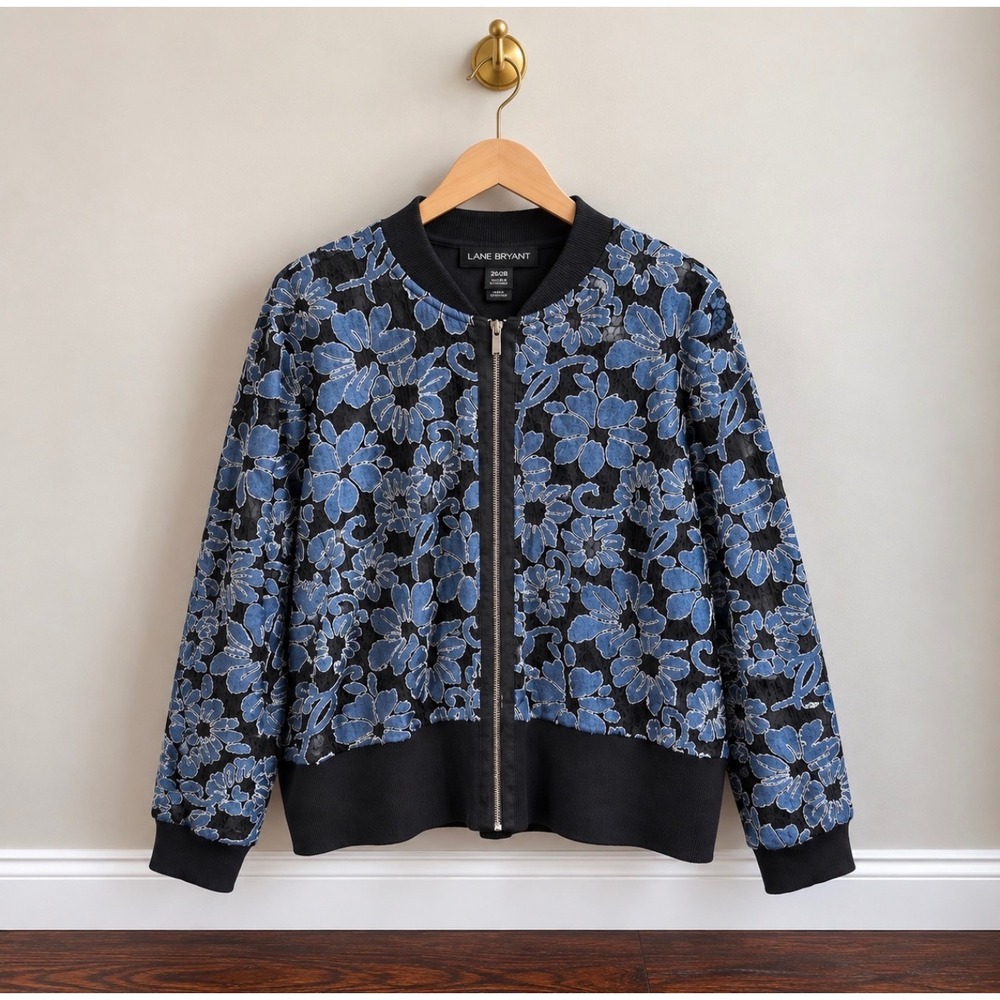 Lane Bryant Blue Black Floral Lace Bomber Jacket Plus Size 26/28 Full Zip